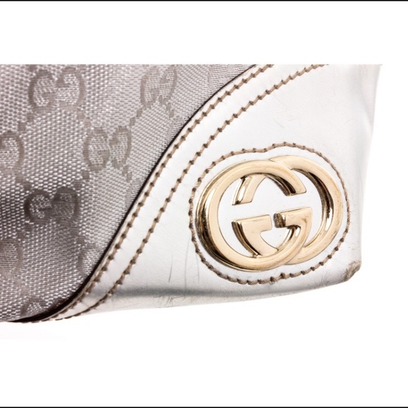 Gucci Metallic Silver GG Canvas Leather Trim Tote - Picture 4 of 8